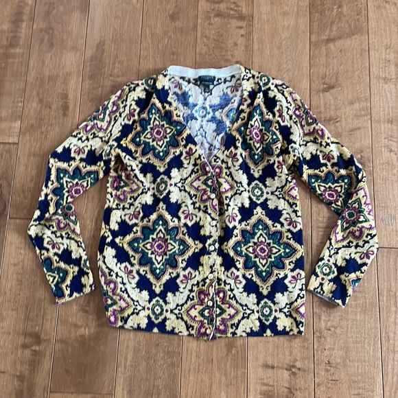 Talbots merino cardigan navy Diamond pattern petite, metal buttons - Picture 3 of 6